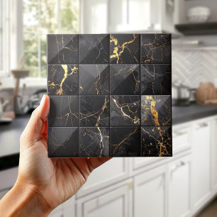 Azulejo De Cerâmica Marble Mix 4x4 Quadrados Preto/Ouro ID1186a