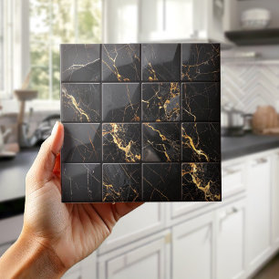 Azulejo De Cerâmica Marble Mix 4x4 Quadrados Preto/Ouro ID1186c