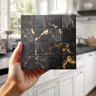 Azulejo De Cerâmica Marble Mix Quadrados 4x4 Preto/Dourado ID1186b
