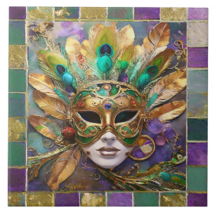 Azulejo De Cerâmica Mardi Gras Dourada e Máscara de Pavão Verde