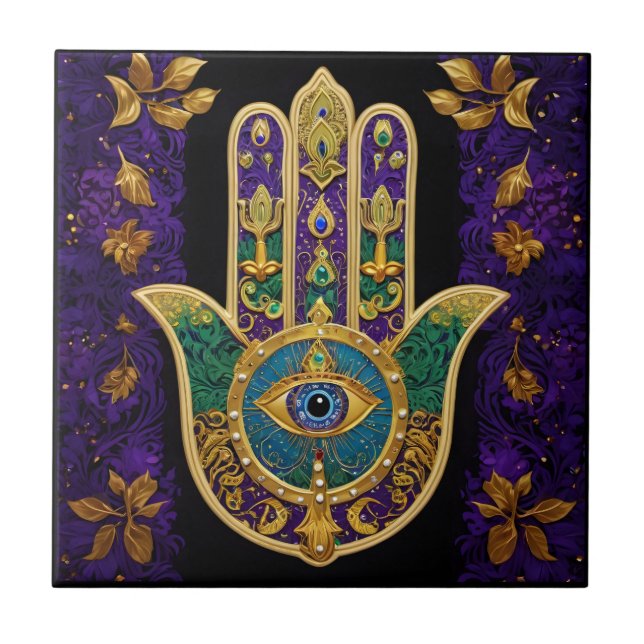 Azulejo De Cerâmica Mardi Gras Dourada Roxo Verde Arte Hamsas (Frente)