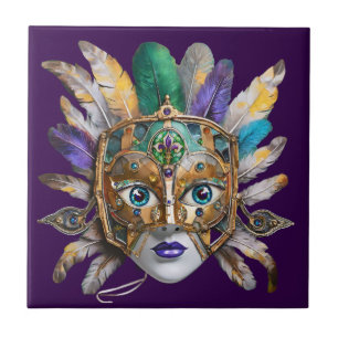 Azulejo De Cerâmica Mardi Gras Feather e Metal Mask