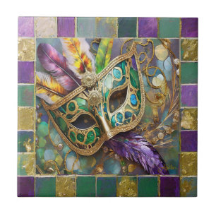 Azulejo De Cerâmica Mardi Gras Green e Dourada Máscara de Penas Colori