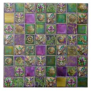 Azulejo De Cerâmica Mardi Gras Masks Feathers Fleur de lis Tile Print