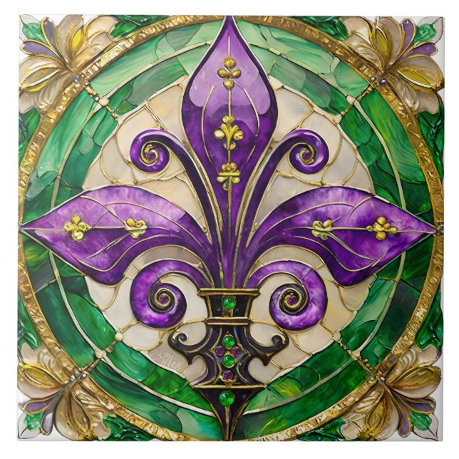 Azulejo De Cerâmica Mardi Gras StainGlass Fleur de lis (Frente)