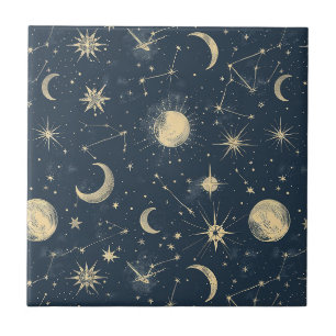 Azulejo De Cerâmica Marfim Antigo Mapa Celestial da Lua Estrela Azul-M