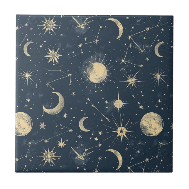 Azulejo De Cerâmica Marfim Antigo Mapa Celestial da Lua Estrela Azul-M (Frente)