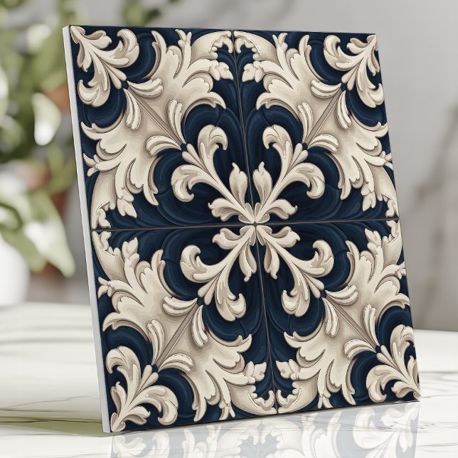 Azulejo De Cerâmica Marfim Ornamental Barroco e Azul-Marinho (Criador carregado)