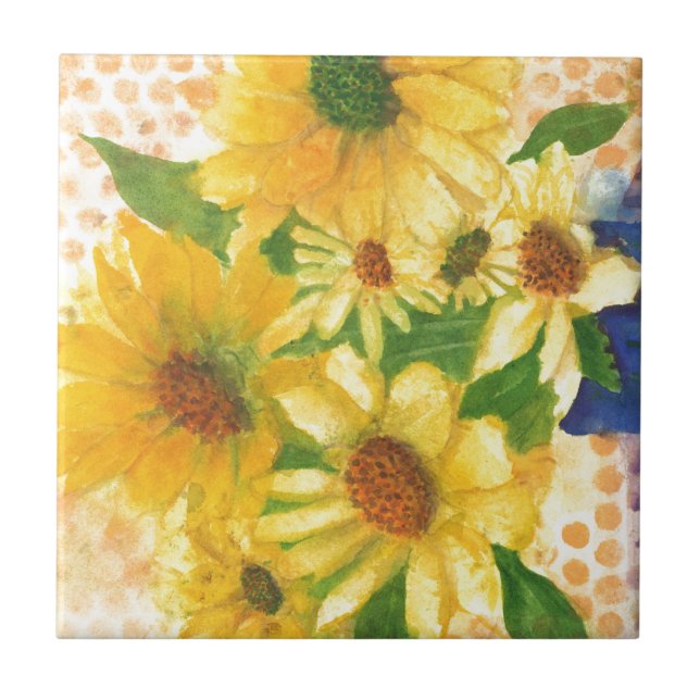 Azulejo De Cerâmica margarida amarela no vaso azul (Frente)