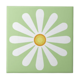 Azulejo De Cerâmica Margarida branca, centro amarelo, em verde pálido