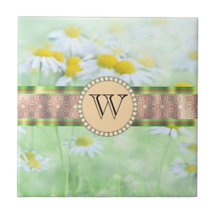 Azulejo De Cerâmica Margarida branca no monograma verde do prado