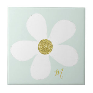 Azulejo De Cerâmica Margarida Branca Simples Floral Dourada Pessoal
