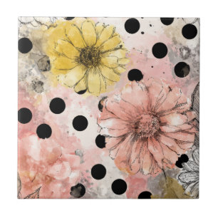 Azulejo De Cerâmica Margarida Floral Rosa e Amarela com Pontos Pretos