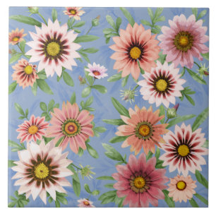 Azulejo De Cerâmica Margaridas Africanas Rosa Gazania Arte Botânico Fl
