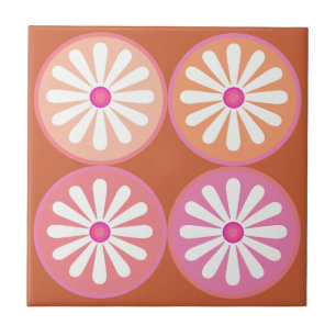 Azulejo De Cerâmica Margaridas brancas com círculos cor-de-rosa na