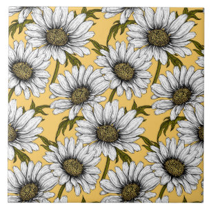 Azulejo De Cerâmica Margaridas brancas, flores silvestres em amarelo