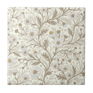 Azulejo De Cerâmica Margaridas em branco e marrom sobre branco fosco