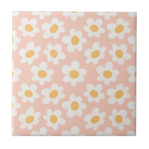 Azulejo De Cerâmica Margaridas em flor estilo retrô em fundo rosa