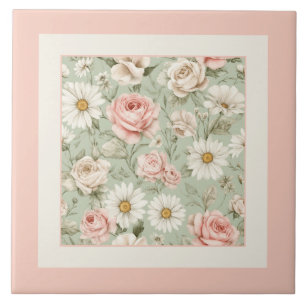 Azulejo De Cerâmica Margaridas Rosas Florais Aquarela Rosa