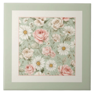 Azulejo De Cerâmica Margaridas Rosas Florais Aquarela Verde Sage