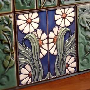 Azulejo De Cerâmica Margaridas Simétricas Azuis Artísticas