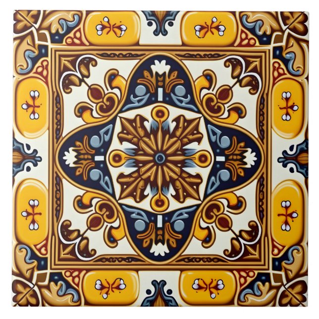 Azulejo De Cerâmica Marinho Amarelo Russo Maiolica Espanhola Azul (Frente)