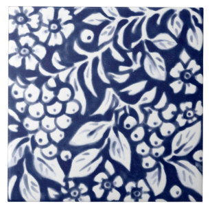Azulejo De Cerâmica Marinho Azul Branco Berry Leaf Cobalt N