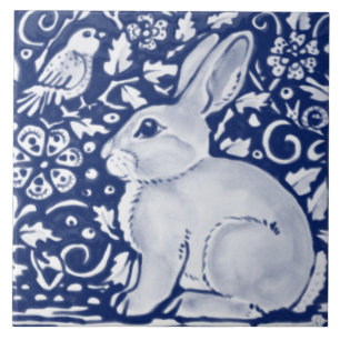 Azulejo De Cerâmica Marinho Azul Escuro Cobalt Rabbit Chinoiserie 