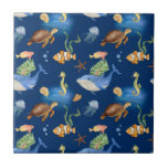 Azulejo De Cerâmica Marinho azul-oceano tartarugas de baleias<br><div class="desc">Sob o tema do mar. Um fundo azul marinho e um padrão com baleias,  tartarugas e peixes</div>