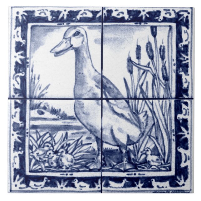 Azulejo De Cerâmica Marinho Azul Pato Branco Ducking Dedham Delft Vint (Frente)