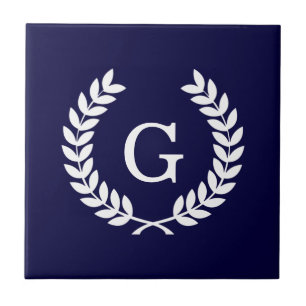 Azulejo De Cerâmica Marinho Azul Wheat Laurel Wreath Monograma Inicial