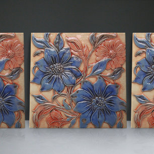 Azulejo De Cerâmica Marinho Blue Burnt Orange Floral Wall Decor