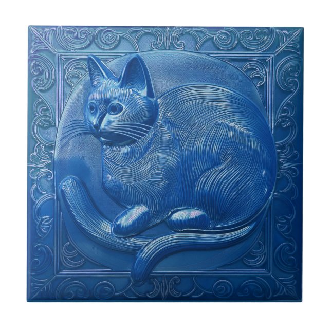 Azulejo De Cerâmica Marinho Blue Faux alivio Art Nouveau Cat (Frente)