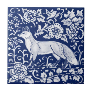 Azulejo De Cerâmica Marinho Cobalto Blue Fox Woodland Floral 4 1/4