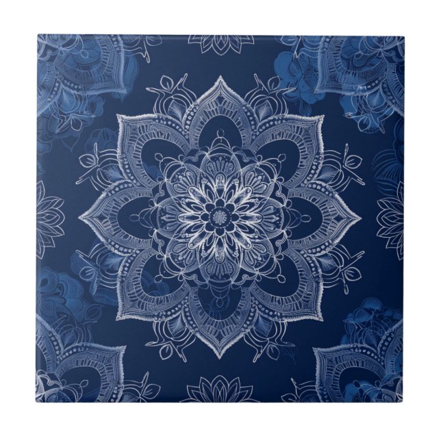 Azulejo De Cerâmica Marinho de Arte Azul Mandala (Frente)