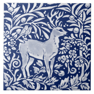 Azulejo De Cerâmica Marinho de Cobalto Blue Woodland Animal Deer Bird