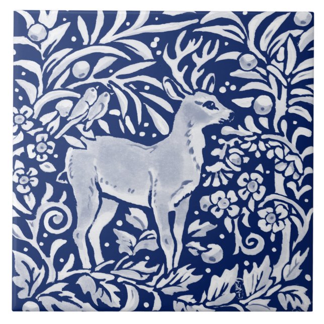 Azulejo De Cerâmica Marinho de Cobalto Blue Woodland Animal Deer Bird  (Frente)