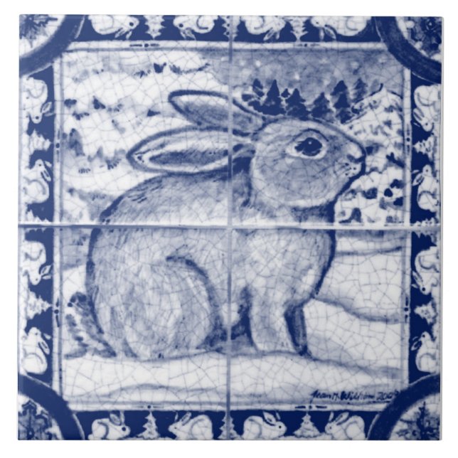Azulejo De Cerâmica Marinho de Natal Blue Snow Bunny Dedham Delft (Frente)