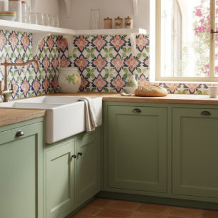 Azulejo De Cerâmica Marinho de Padrão Floral de Aquarela Verde