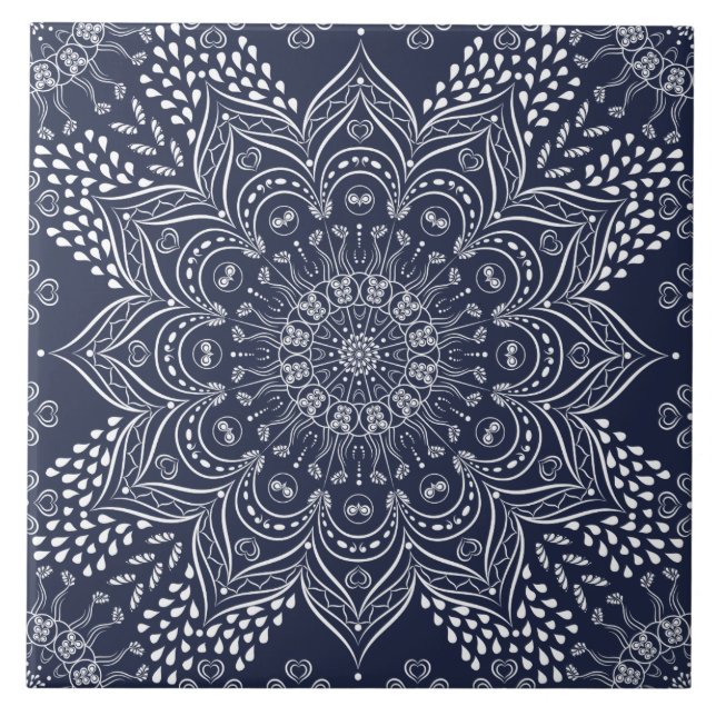 Azulejo De Cerâmica Marinho Decorativo Elegante Mandala Azul (Frente)