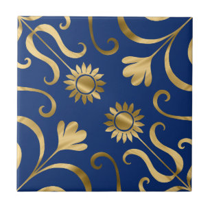 Azulejo De Cerâmica Marinho Floral Elegante Damasco Azul e Dourado Gir
