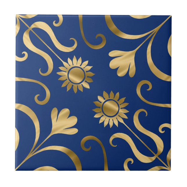 Azulejo De Cerâmica Marinho Floral Elegante Damasco Azul e Dourado Gir (Frente)