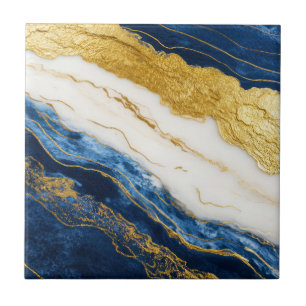 Azulejo De Cerâmica Marinho Luxurioso Azul e Dourado Mármaco Folha