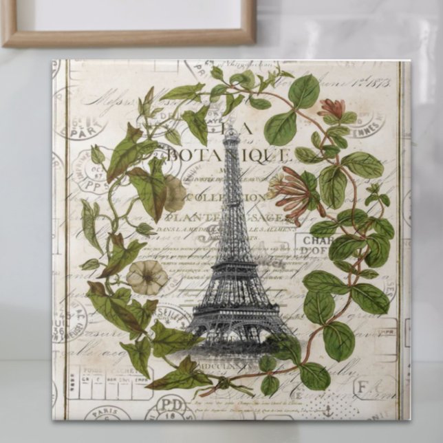 Azulejo De Cerâmica mariposa botânica francesa deixa paris eiffel torr (french botanical ivy leaves paris eiffel tower ceramic tile)