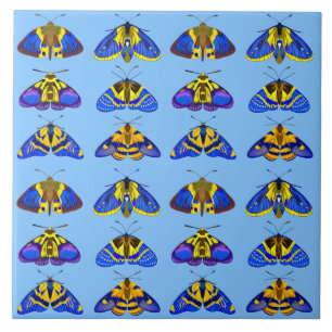 Azulejo De Cerâmica Mariposas Noturnas em Azul, Amarelo Dourado e Marr