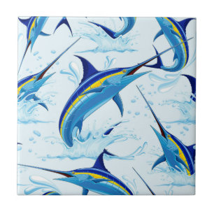 Azulejo De Cerâmica Marlin Azul Saltando do Oceano
