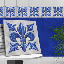 Azulejo De Cerâmica Mármaco azul Fleur-De-Lis e pérolas