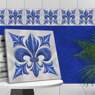 Azulejo De Cerâmica Mármaco azul Fleur-De-Lis e pérolas