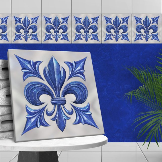 Azulejo De Cerâmica Mármaco azul Fleur-De-Lis e pérolas (Criador carregado)