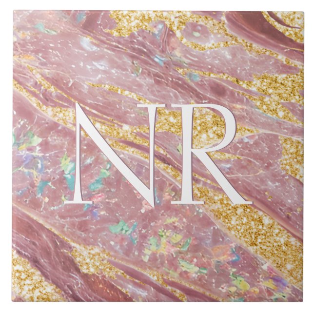 Azulejo De Cerâmica Mármaco Rosa Esmagado Elegante e Monograma com Lob (Frente)